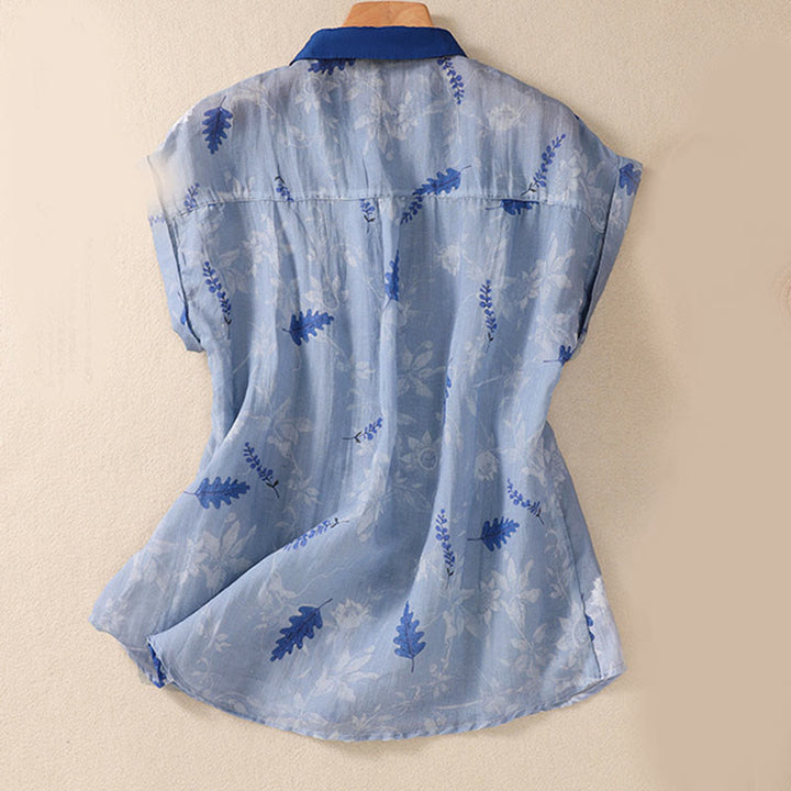 Camicia da donna a maniche corte con bottoni a forma di foglie e piccoli fiori gialli Buddha Stones. - image 10
