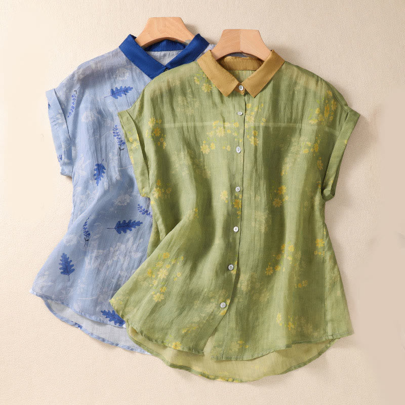Camicia da donna a maniche corte con bottoni, piccoli fiori gialli e pietre Buddha Stones - image 2