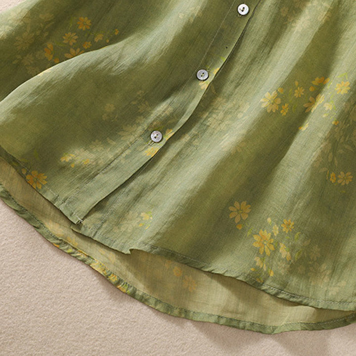 Camicia da donna a maniche corte con bottoni a forma di foglie e piccoli fiori gialli Buddha Stones. - image 7