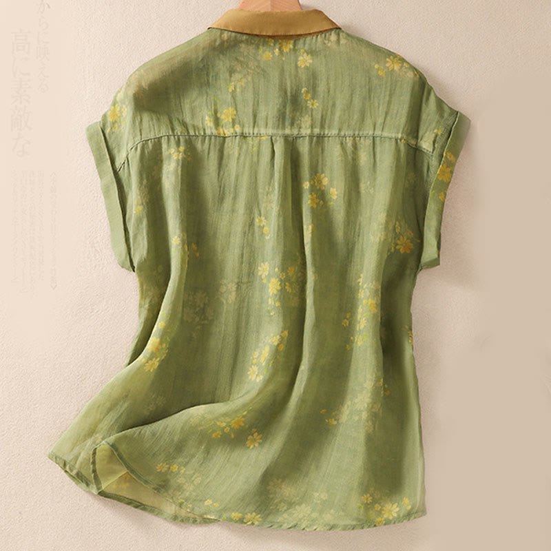 Camicia da donna a maniche corte con bottoni, piccoli fiori gialli e pietre Buddha Stones - image 2