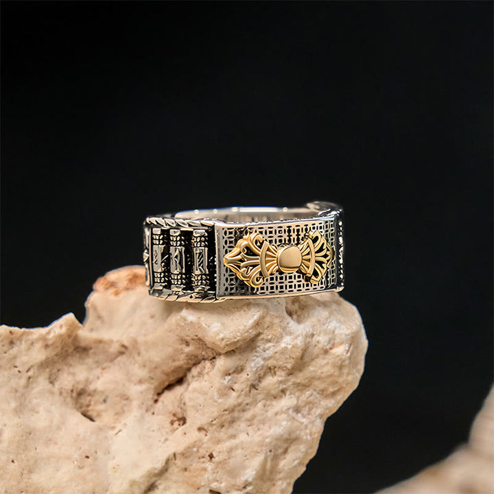 Anello di preghiera vintage Buddha Stones, Om Mani Padme Hum, regolabile in rame, simbolo di ricchezza
