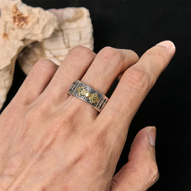 Anello di preghiera vintage Buddha Stones, Om Mani Padme Hum, regolabile in rame, simbolo di ricchezza