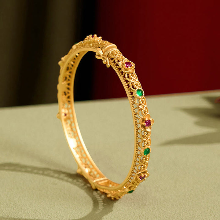 Braccialetto portafortuna con fiore placcato oro e rame, design cavo , Buddha Stones