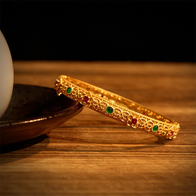 Braccialetto portafortuna con fiore placcato oro e rame, design cavo , Buddha Stones