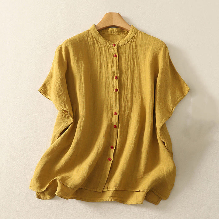 Camicia da donna in cotone e lino con maniche corte, tinta unita, estiva, bottoni rossi , Buddha Stones - Verga d'oro - US14, UK/AU18, EU46 (2XL) - image 16