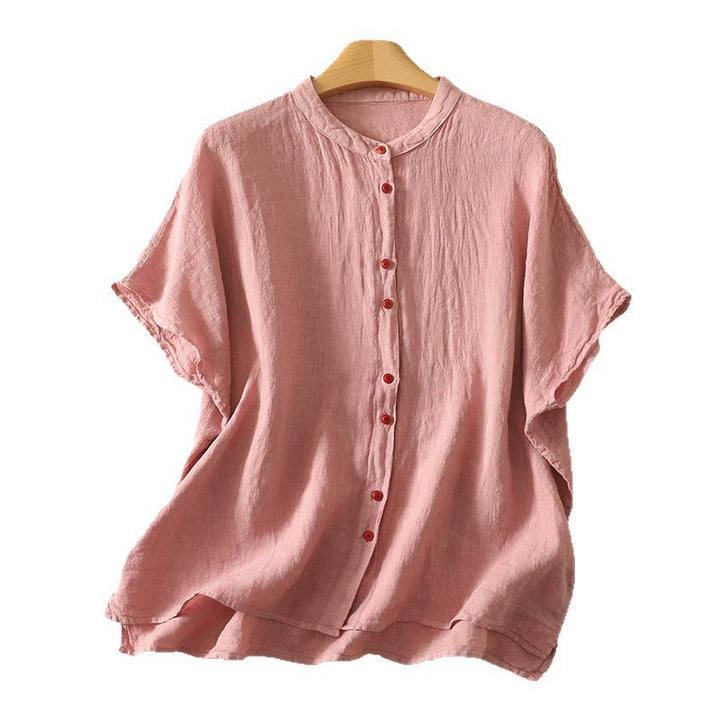 Camicia da donna estiva a maniche corte con bottoni rossi e stampa Buddha Stones. - image 14
