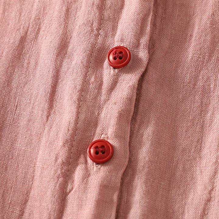 Camicia da donna in cotone e lino con maniche corte, tinta unita, estiva, bottoni rossi , Buddha Stones - image 8