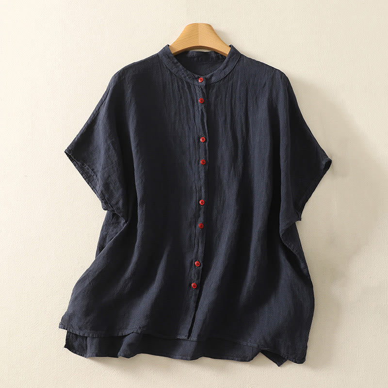 Camicia da donna in cotone e lino con maniche corte, tinta unita, estiva, bottoni rossi , Buddha Stones - Blu notte - US14, UK/AU18, EU46 (2XL) - image 0