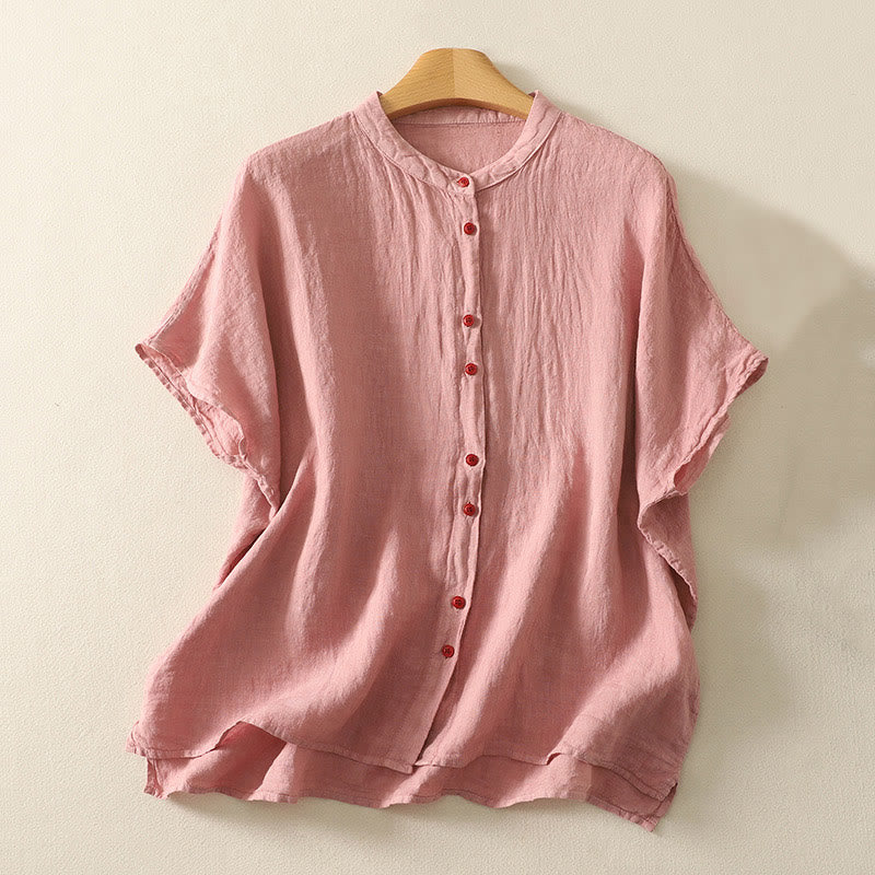 Camicia da donna in cotone e lino con maniche corte, tinta unita, estiva, bottoni rossi , Buddha Stones - Salmone Scuro - US14, UK/AU18, EU46 (2XL) - image 5