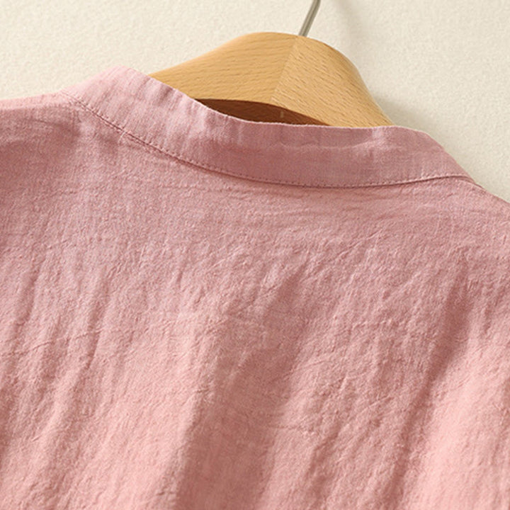 Camicia da donna in cotone e lino con maniche corte, tinta unita, estiva, bottoni rossi , Buddha Stones - image 7