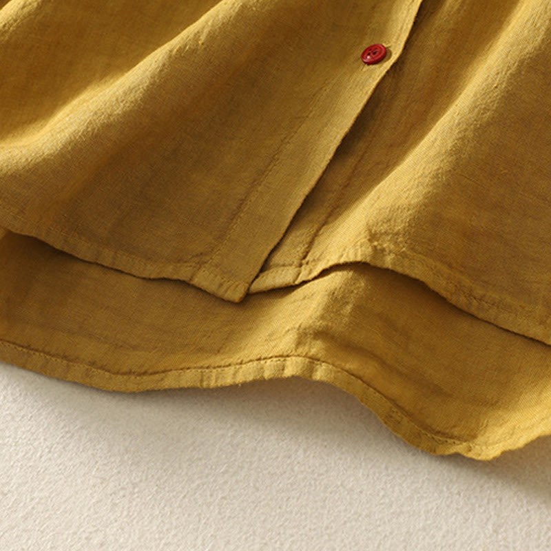 Camicia da donna in cotone e lino con maniche corte, tinta unita, estiva, bottoni rossi , Buddha Stones - image 18