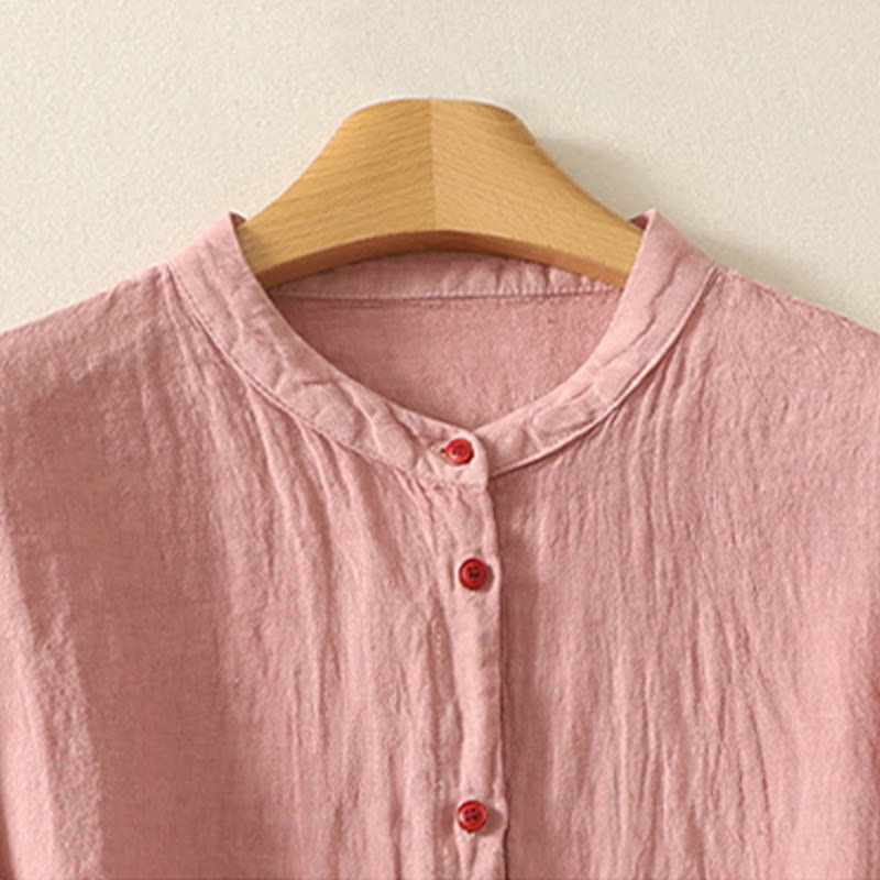 Camicia da donna estiva a maniche corte con bottoni rossi e stampa Buddha Stones. - image 6