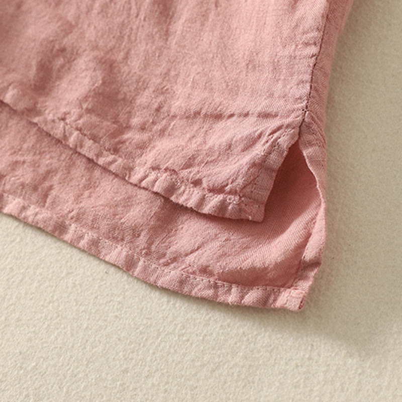 Camicia da donna in cotone e lino con maniche corte, tinta unita, estiva, bottoni rossi , Buddha Stones - image 13