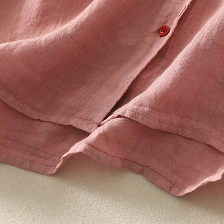 Camicia da donna in cotone e lino con maniche corte, tinta unita, estiva, bottoni rossi , Buddha Stones - image 11