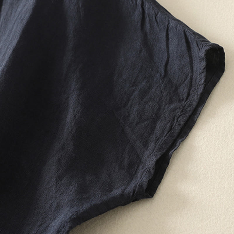 Camicia da donna in cotone e lino con maniche corte, tinta unita, estiva, bottoni rossi , Buddha Stones - image 2