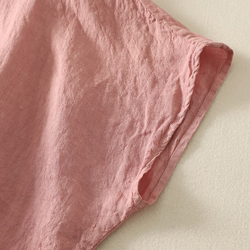 Camicia da donna in cotone e lino con maniche corte, tinta unita, estiva, bottoni rossi , Buddha Stones - image 10