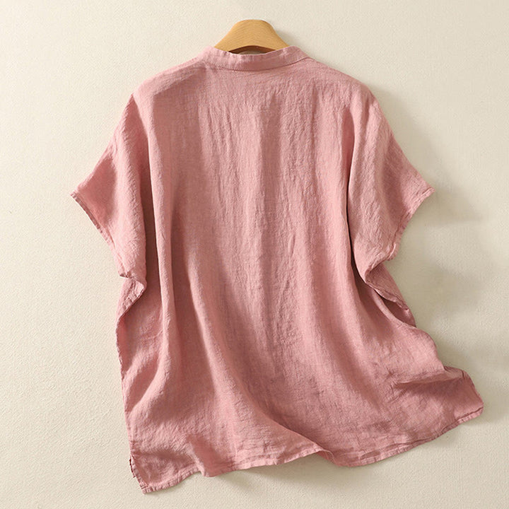 Camicia da donna in cotone e lino con maniche corte, tinta unita, estiva, bottoni rossi , Buddha Stones - image 6