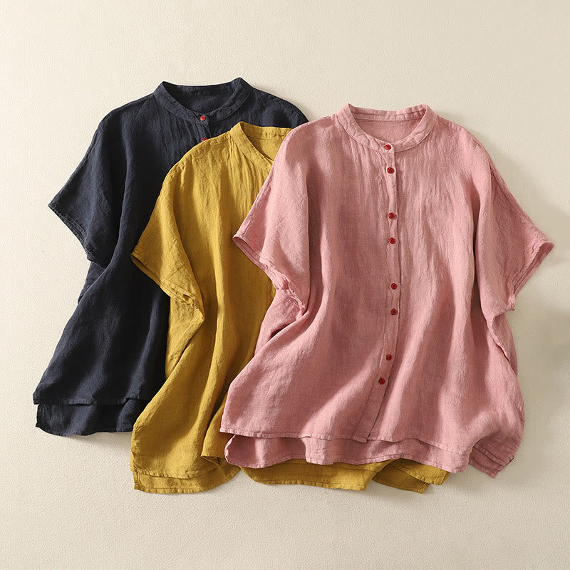 Camicia da donna estiva a maniche corte con bottoni rossi e stampa Buddha Stones. - image 19
