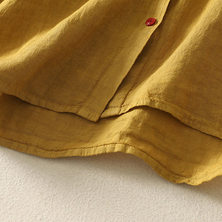 Camicia da donna in cotone e lino con maniche corte, tinta unita, estiva, bottoni rossi , Buddha Stones - image 19