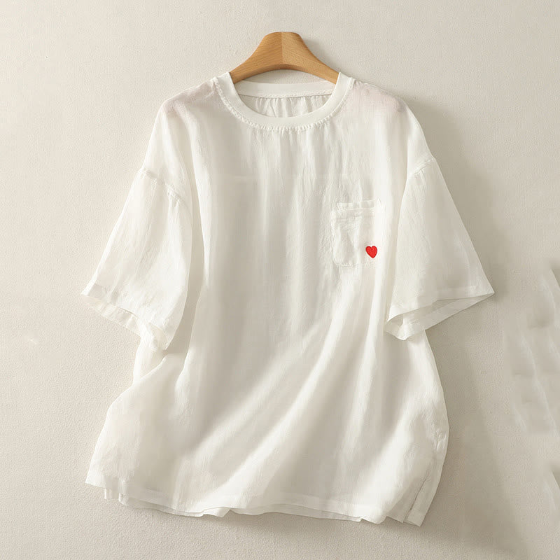 Maglietta casual da donna in cotone e lino con ricamo Buddha Stones e cuore rosso a maniche corte - Bianco - US14, UK/AU18, EU46 (2XL) - image 4