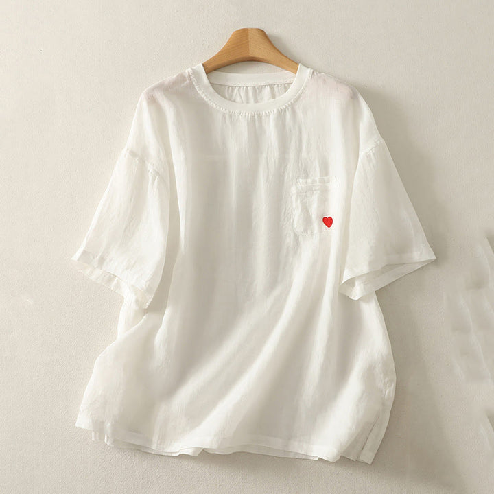 Maglietta casual da donna in cotone e lino con ricamo Buddha Stones e cuore rosso a maniche corte - Bianco - US14, UK/AU18, EU46 (2XL) - image 4