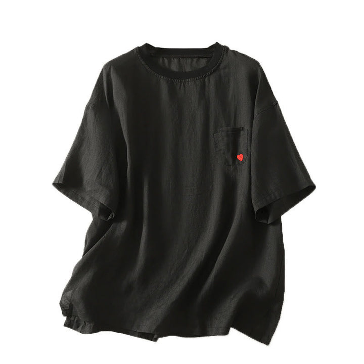 Maglietta casual da donna in cotone e lino con ricamo Buddha Stones e cuore rosso a maniche corte - image 19