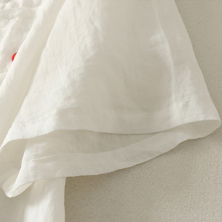 Maglietta casual da donna in cotone e lino con ricamo Buddha Stones e cuore rosso a maniche corte - image 8