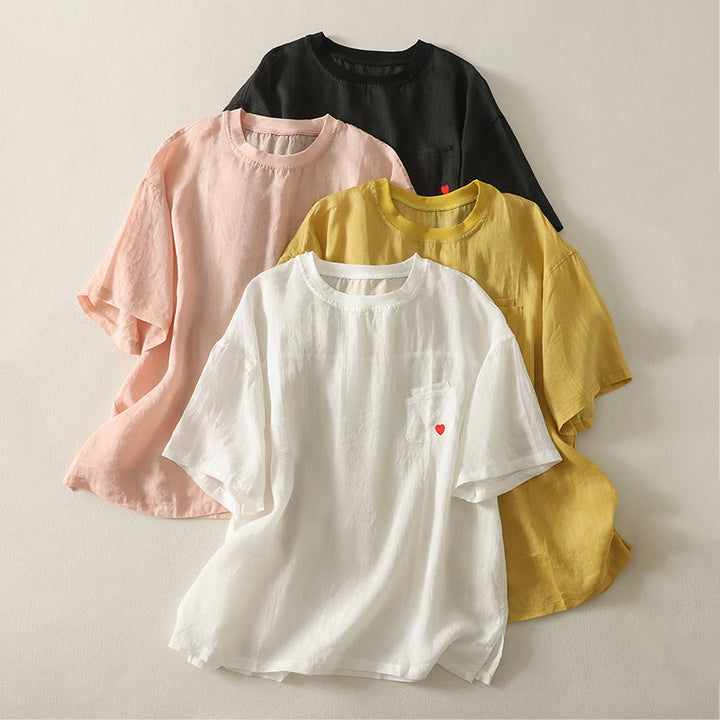 Maglietta casual da donna in cotone e lino con ricamo Buddha Stones e cuore rosso a maniche corte - image 19