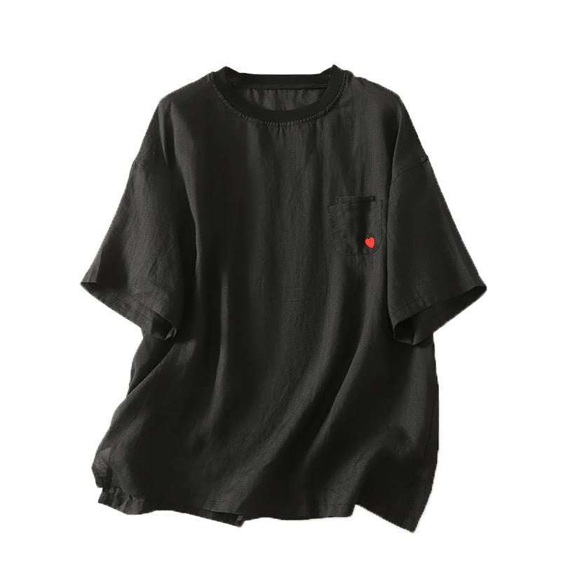 Maglietta casual da donna in cotone e lino con ricamo Buddha Stones e cuore rosso a maniche corte - image 18