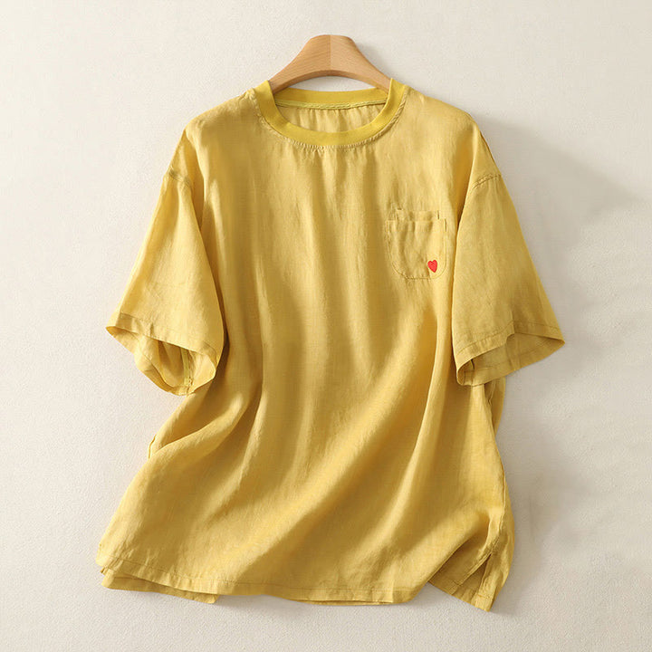 Maglietta casual da donna in cotone e lino con ricamo Buddha Stones e cuore rosso a maniche corte - Oro - US14, UK/AU18, EU46 (2XL) - image 10