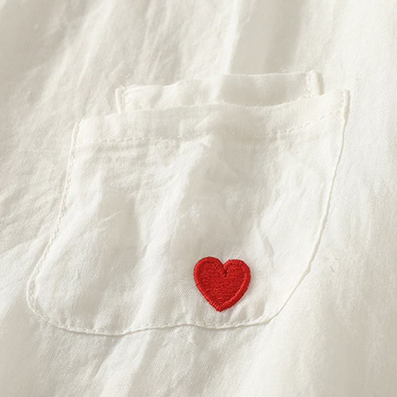 Maglietta casual da donna in cotone e lino con ricamo Buddha Stones e cuore rosso a maniche corte - image 6