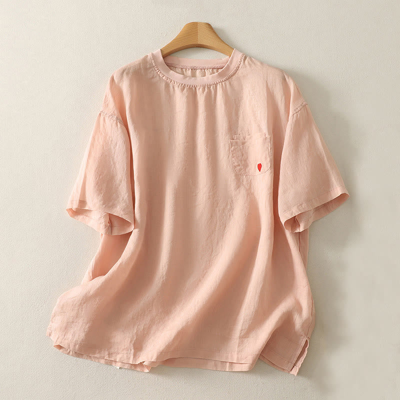 Maglietta casual da donna in cotone e lino con ricamo Buddha Stones e cuore rosso a maniche corte - Salmone chiaro - US14, UK/AU18, EU46 (2XL) - image 0