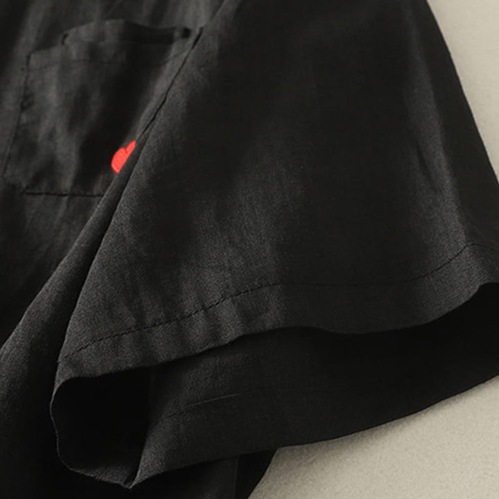 Maglietta casual da donna in cotone e lino con ricamo Buddha Stones e cuore rosso a maniche corte - image 16