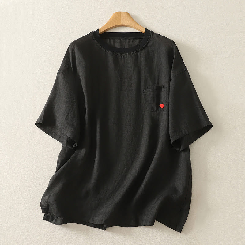 Maglietta casual da donna in cotone e lino con ricamo Buddha Stones e cuore rosso a maniche corte - Nero - US14, UK/AU18, EU46 (2XL) - image 14