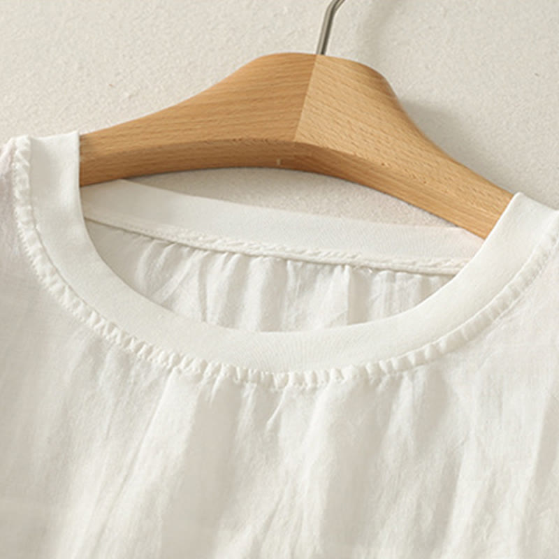 Maglietta casual da donna in cotone e lino con ricamo Buddha Stones e cuore rosso a maniche corte - image 5