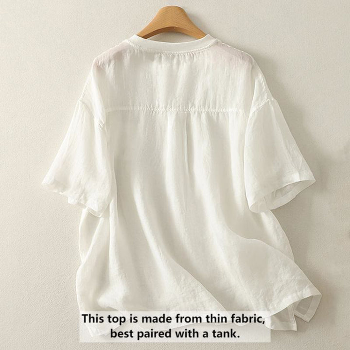 Maglietta casual da donna in cotone e lino con ricamo Buddha Stones e cuore rosso a maniche corte - image 4