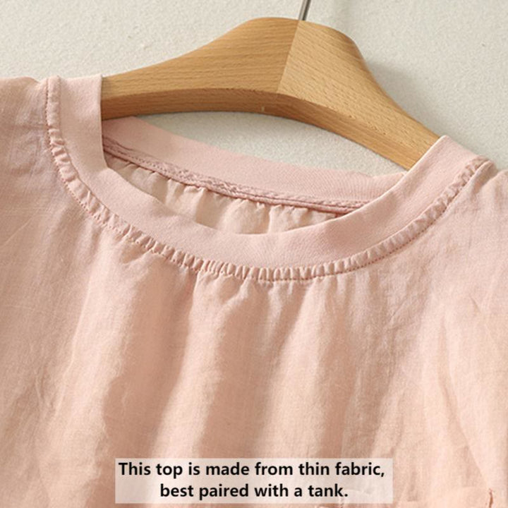 Maglietta casual da donna in cotone e lino con ricamo Buddha Stones e cuore rosso a maniche corte - image 1