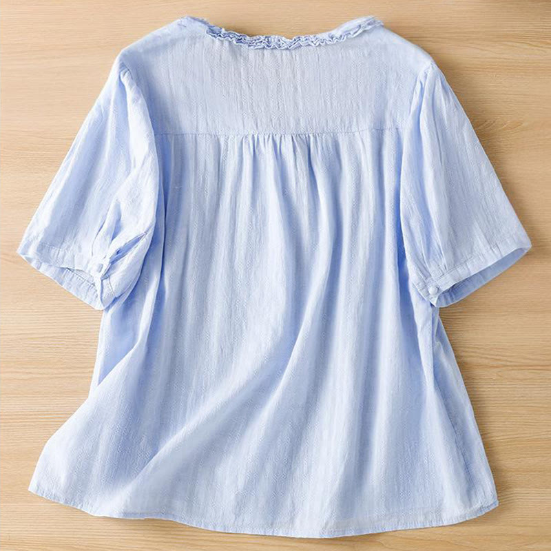 Camicia da donna a maniche corte con scollo a V, motivo jacquard plissettato e volant Buddha Stones - image 6