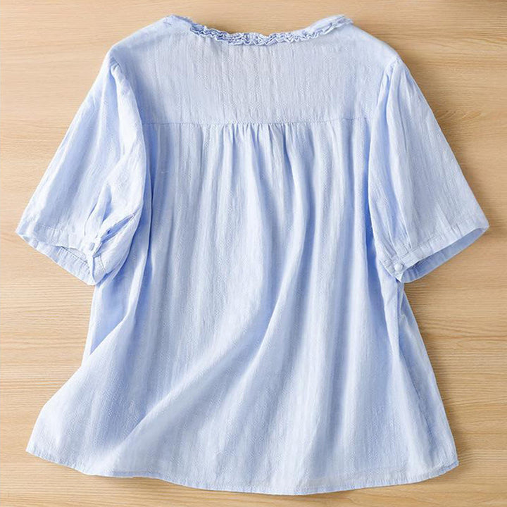Camicia da donna a maniche corte con scollo a V, motivo jacquard plissettato e volant Buddha Stones - image 6