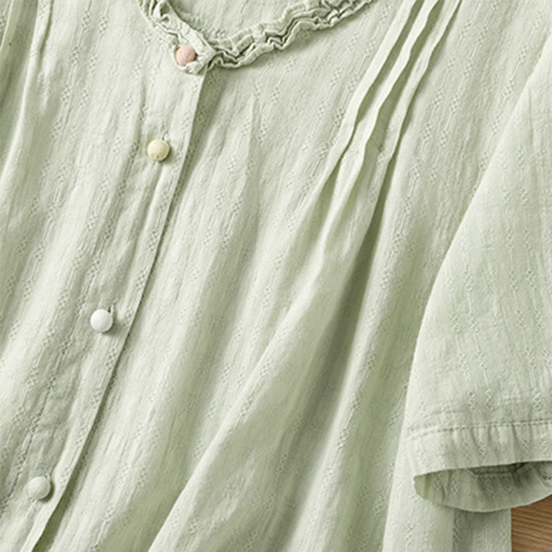 Camicia da donna a maniche corte con scollo a V, motivo jacquard plissettato e volant Buddha Stones - image 4
