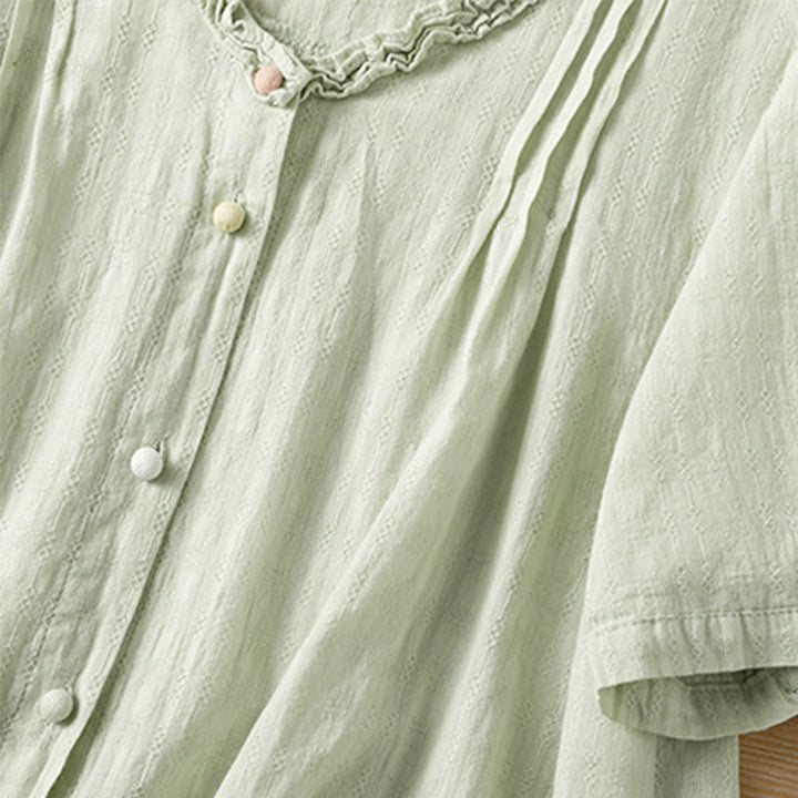 Camicia da donna a maniche corte con scollo a V, motivo jacquard plissettato e volant Buddha Stones - image 4