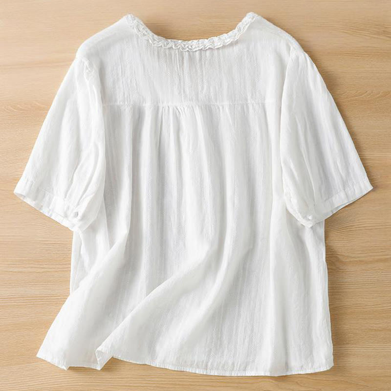 Camicia da donna a maniche corte con scollo a V, motivo jacquard plissettato e volant Buddha Stones - image 15