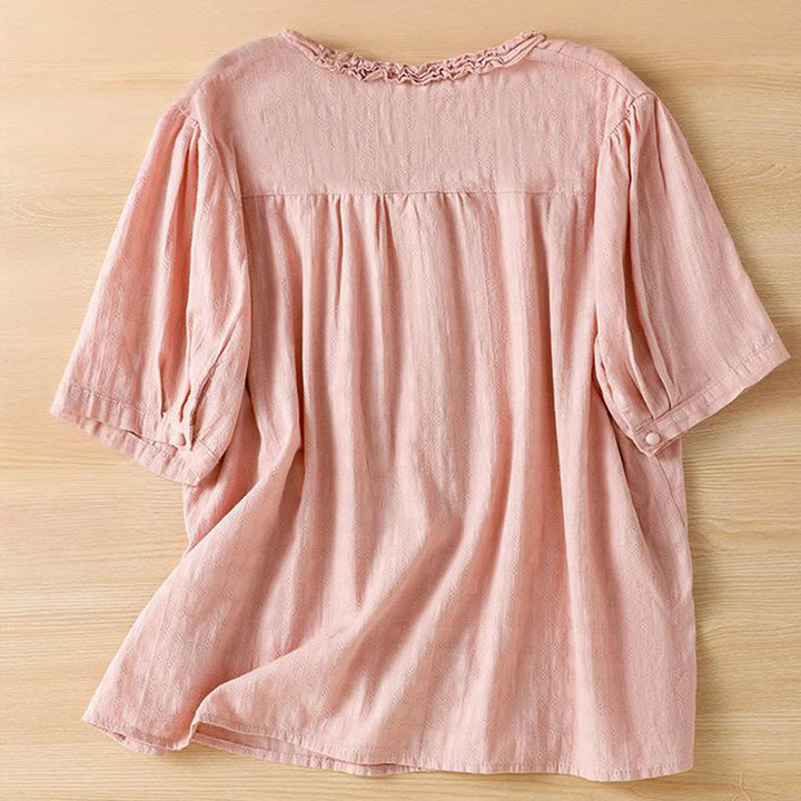 Camicia da donna a maniche corte con scollo a V, motivo jacquard plissettato e volant Buddha Stones - image 20