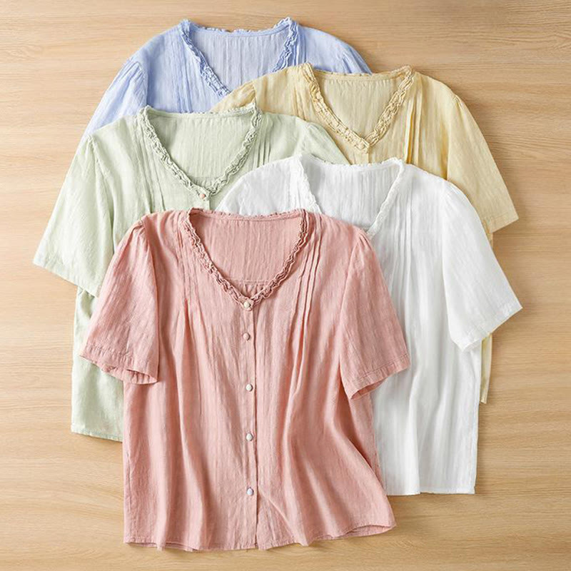 Camicia da donna a maniche corte con scollo a V, motivo jacquard plissettato e volant Buddha Stones - image 24