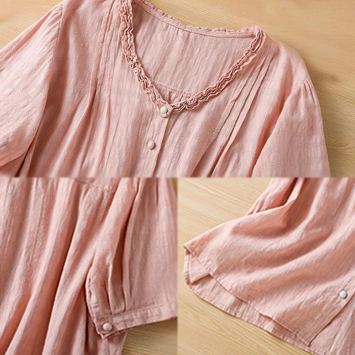 Camicia da donna a maniche corte con scollo a V, motivo jacquard plissettato e volant Buddha Stones - image 23