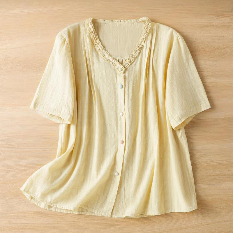 Camicia da donna a maniche corte con scollo a V, motivo jacquard plissettato e volant Buddha Stones - Giallo chiaro - US14, UK/AU18, EU46 (2XL) - image 9