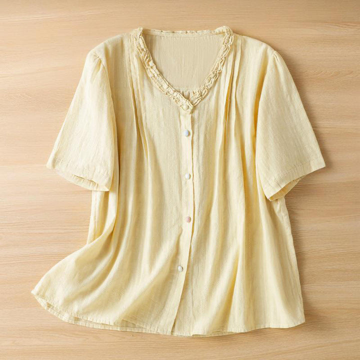 Camicia da donna a maniche corte con scollo a V, motivo jacquard plissettato e volant Buddha Stones - Giallo chiaro - US14, UK/AU18, EU46 (2XL) - image 9