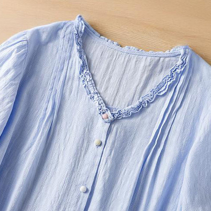 Camicia da donna a maniche corte con scollo a V, motivo jacquard plissettato e volant Buddha Stones - image 7