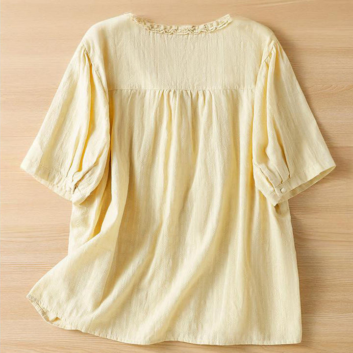 Camicia da donna a maniche corte con scollo a V, motivo jacquard plissettato e volant Buddha Stones - image 10