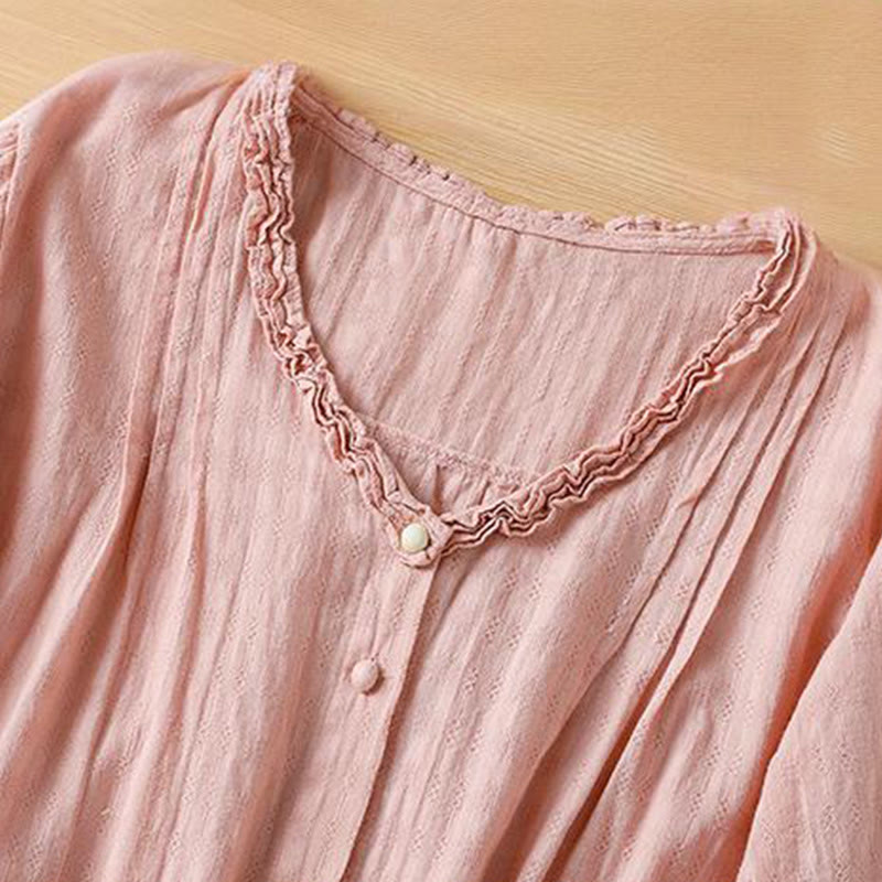 Camicia da donna a maniche corte con scollo a V, motivo jacquard plissettato e volant Buddha Stones - image 21
